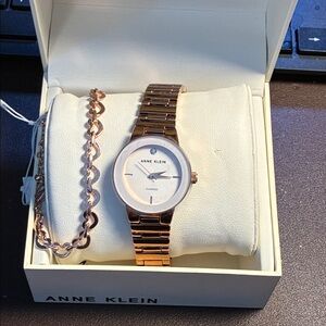 Anne Klein Rose Gold Watch and Chain Set